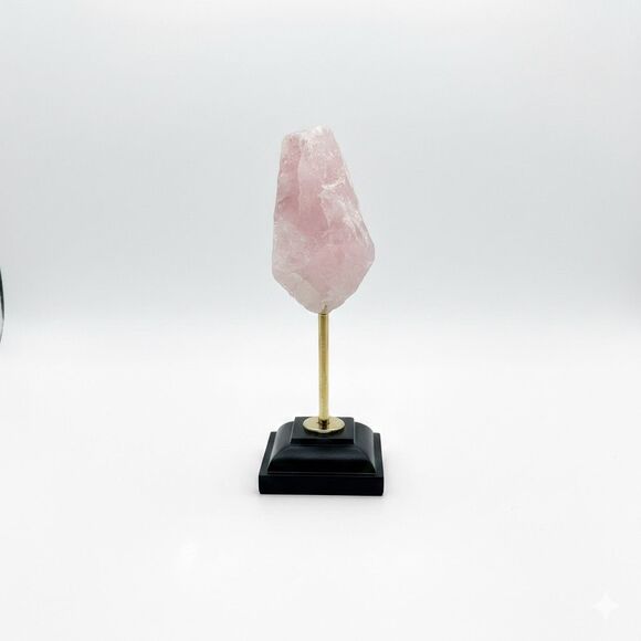 Raw Rose Quartz Crystal Specimen with Gold Tone & Black Pedestal Display Stand - Picture 2 of 4